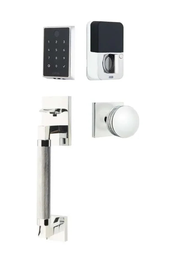 Emtek EMPowered 2 Touch Entry Set with Hercules Knurled Grip and Bern Knob Polished Chrome