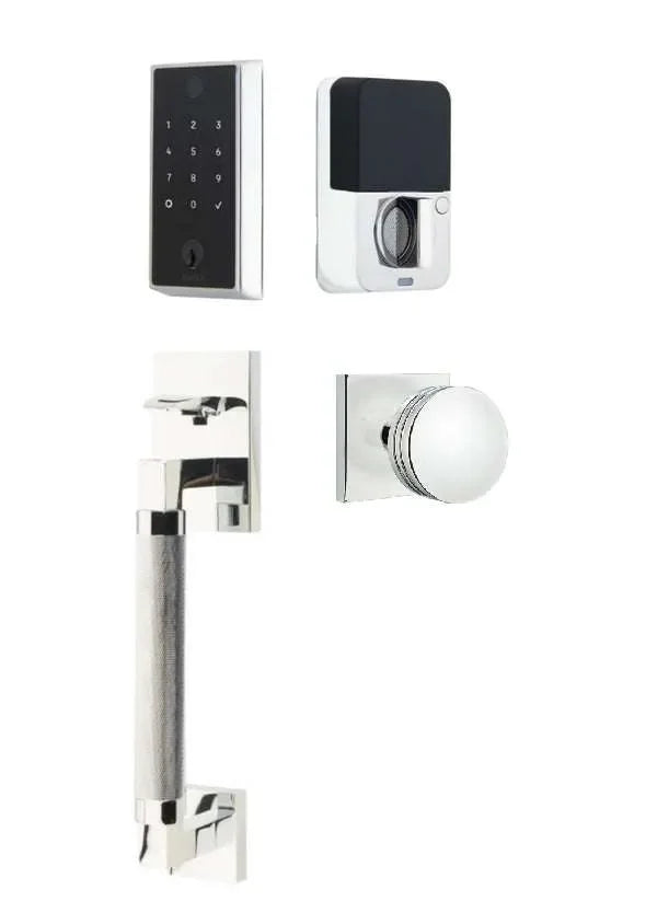 Emtek EMPowered 2 Touch Entry Set with Hercules Knurled Grip and Bern Knob Polished Chrome