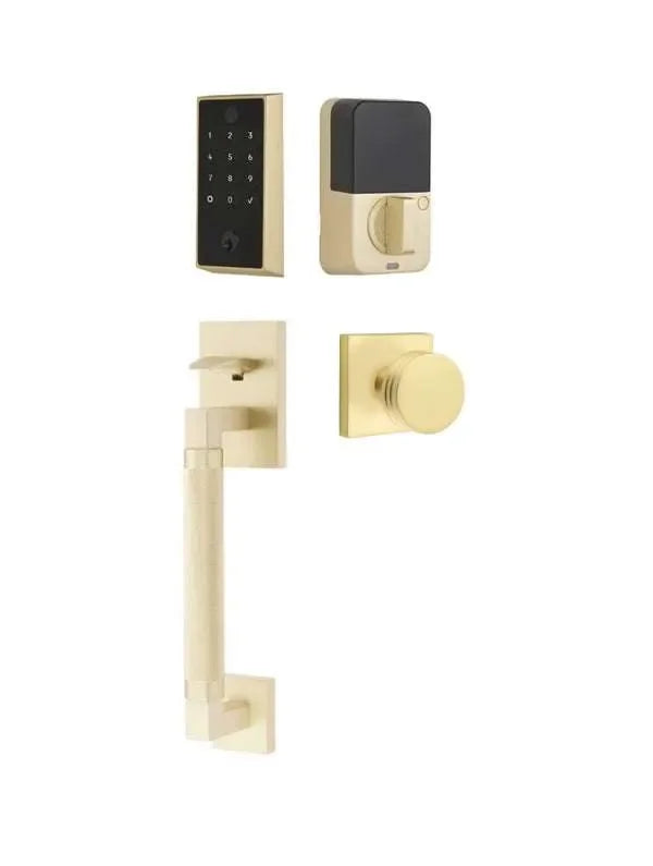 Emtek EMPowered 2 Touch Entry Set with Hercules Knurled Grip and Bern Knob Satin Brass