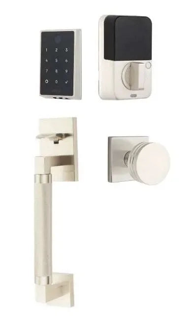 Emtek EMPowered 2 Touch Entry Set with Hercules Knurled Grip and Bern Knob Satin Nickel