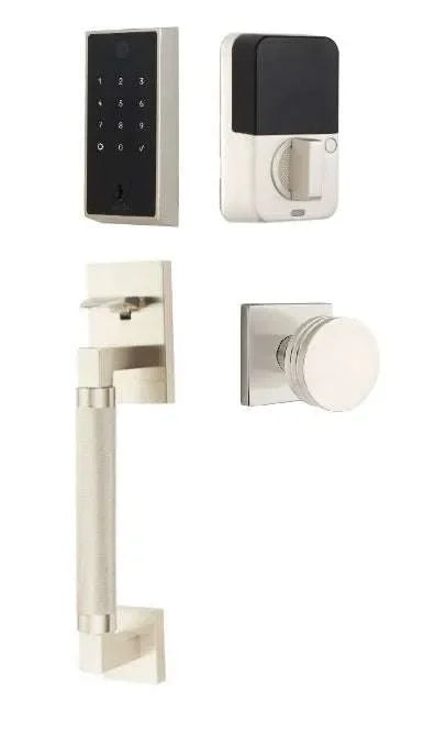Emtek EMPowered 2 Touch Entry Set with Hercules Knurled Grip and Bern Knob Satin Nickel