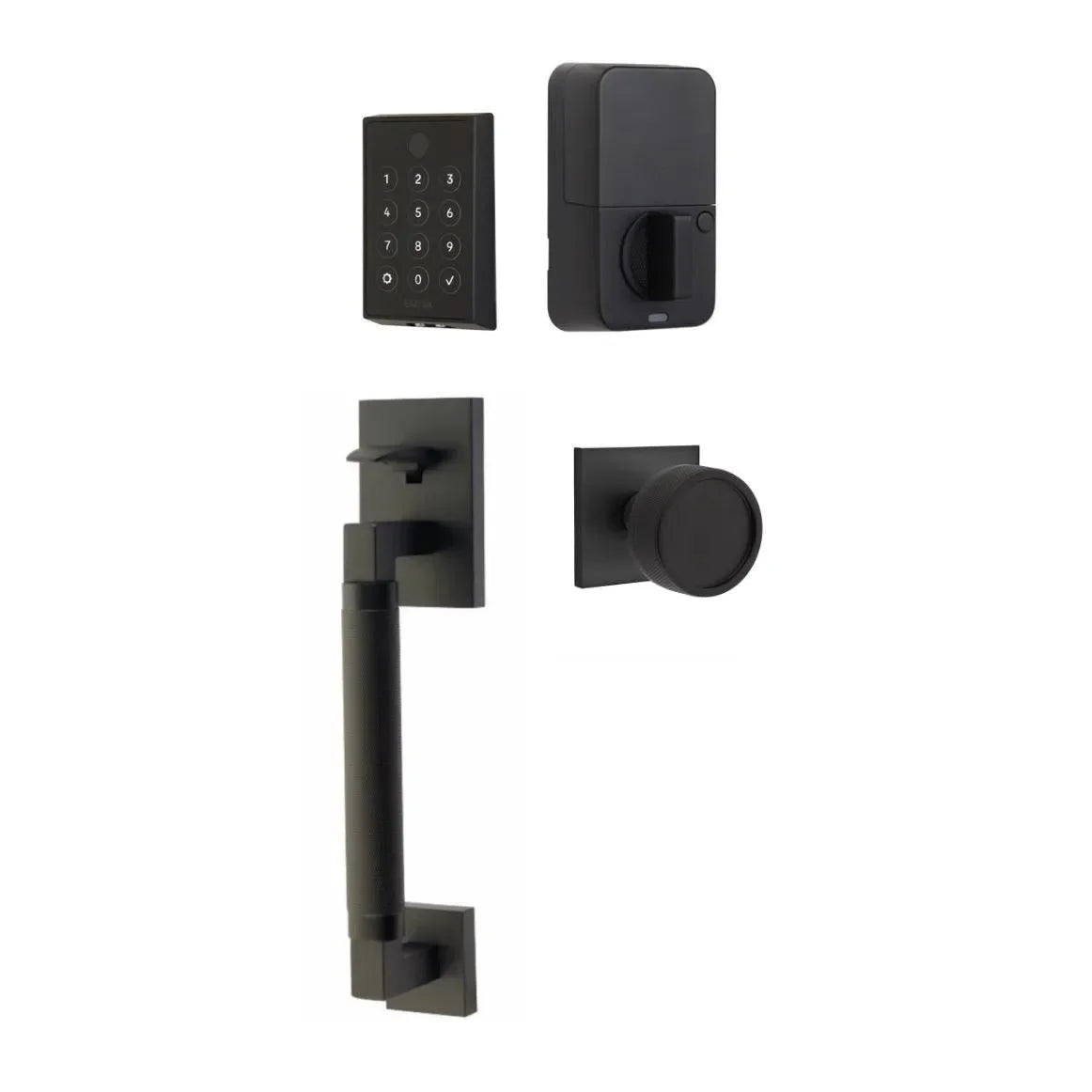 Emtek EMPowered 2 Touch Entry Set with Hercules Knurled Grip and Conical Knurled Knob Flat Black