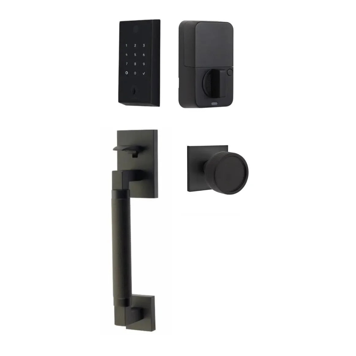 Emtek EMPowered 2 Touch Entry Set with Hercules Knurled Grip and Conical Knurled Knob Flat Black