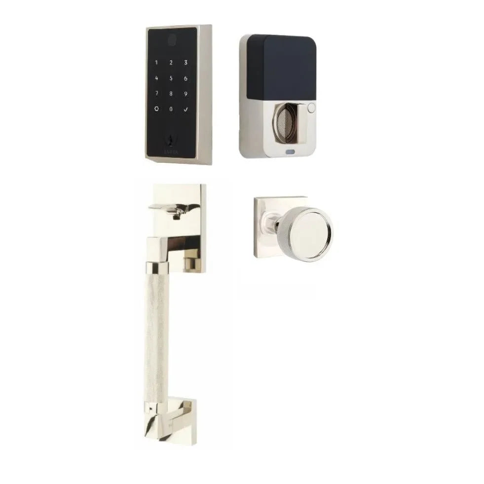 Emtek EMPowered 2 Touch Entry Set with Hercules Knurled Grip and Conical Knurled Knob Lifetime Polished Nickel
