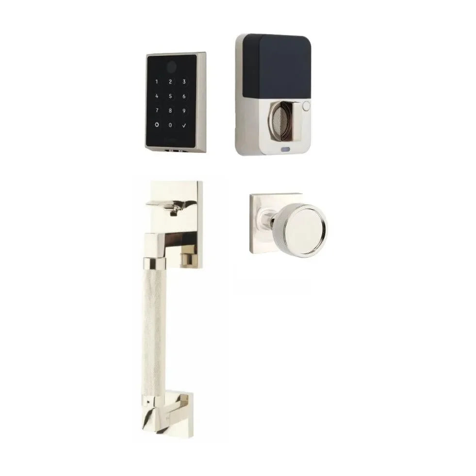 Emtek EMPowered 2 Touch Entry Set with Hercules Knurled Grip and Conical Knurled Knob Lifetime Polished Nickel