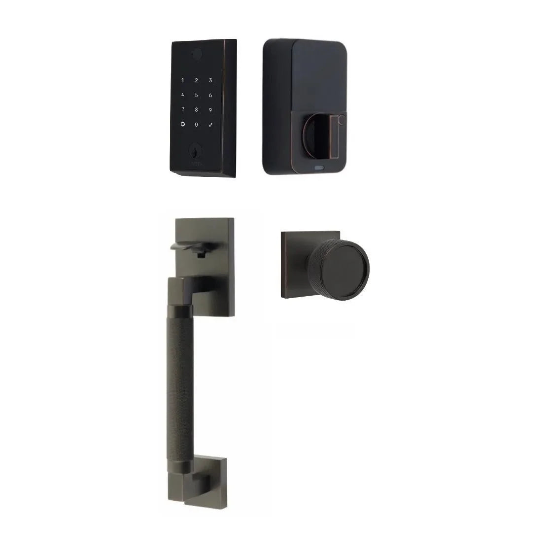Emtek EMPowered 2 Touch Entry Set with Hercules Knurled Grip and Conical Knurled Knob Oil Rubbed Bronze