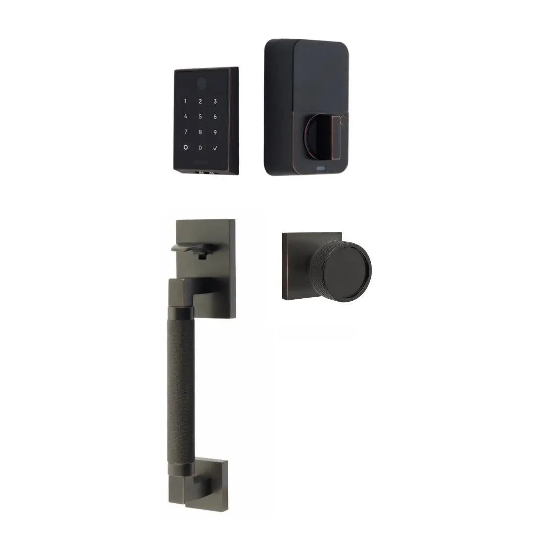 Emtek EMPowered 2 Touch Entry Set with Hercules Knurled Grip and Conical Knurled Knob Oil Rubbed Bronze