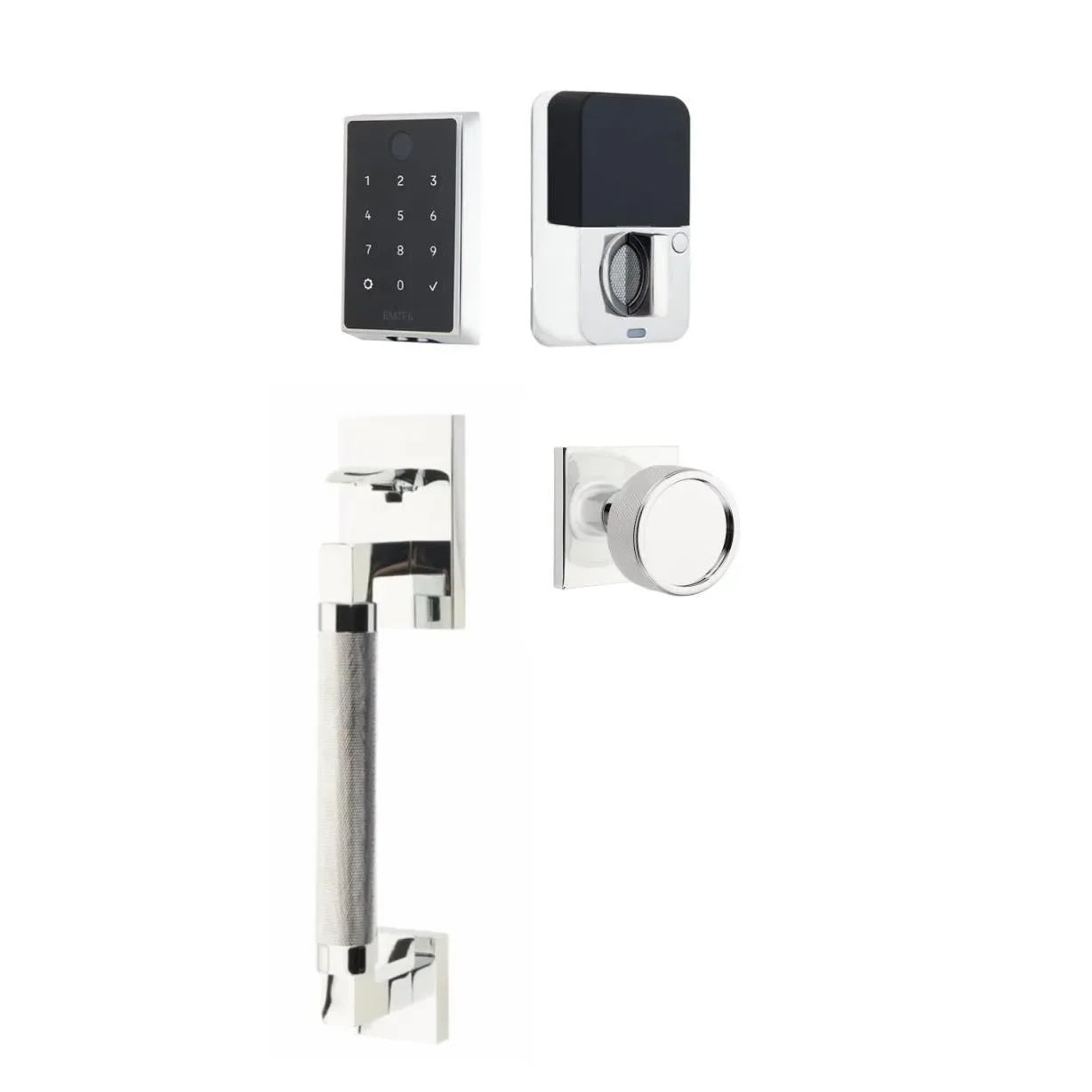 Emtek EMPowered 2 Touch Entry Set with Hercules Knurled Grip and Conical Knurled Knob Polished Chrome