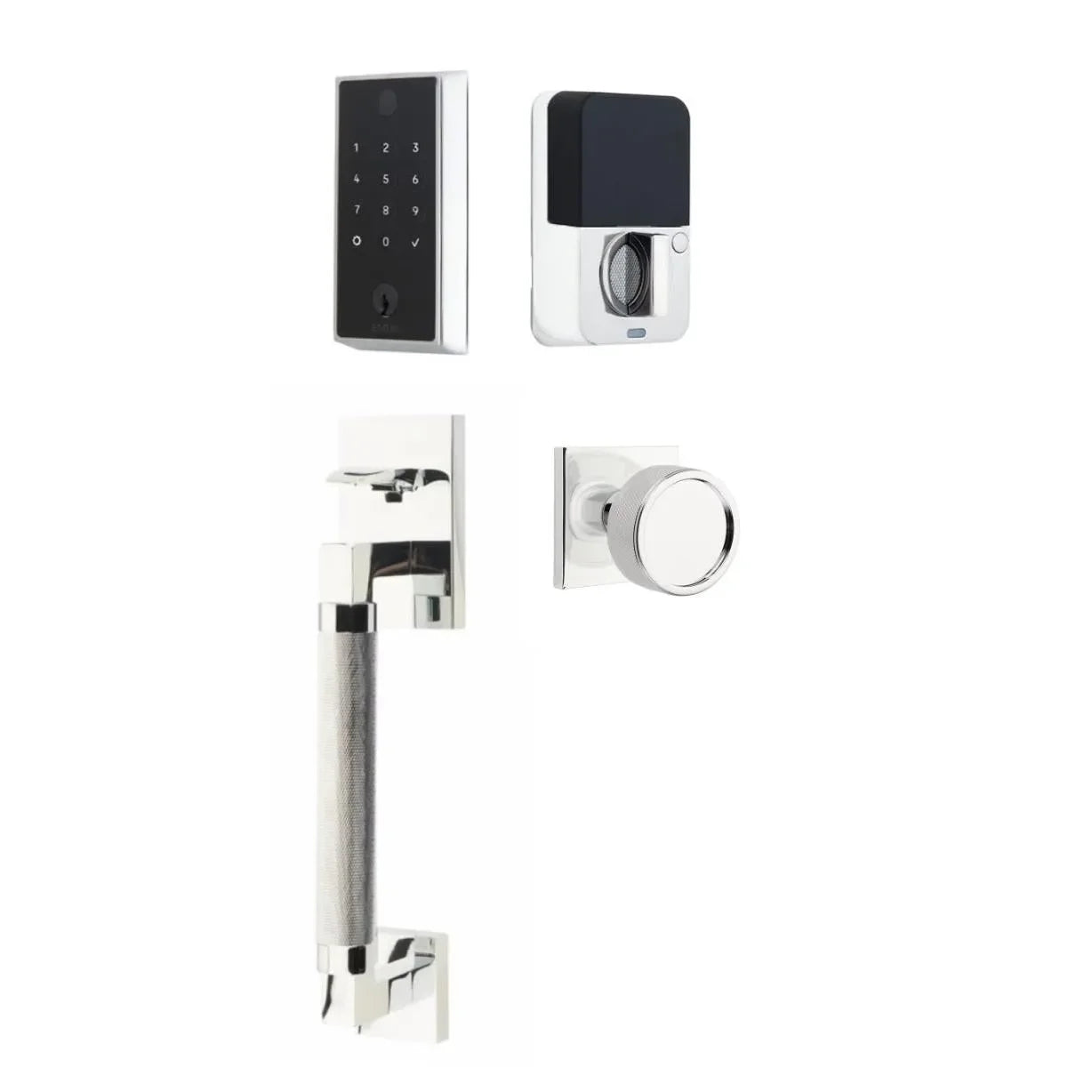 Emtek EMPowered 2 Touch Entry Set with Hercules Knurled Grip and Conical Knurled Knob Polished Chrome