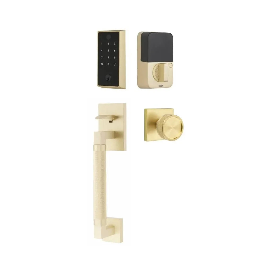 Emtek EMPowered 2 Touch Entry Set with Hercules Knurled Grip and Conical Knurled Knob Satin Brass