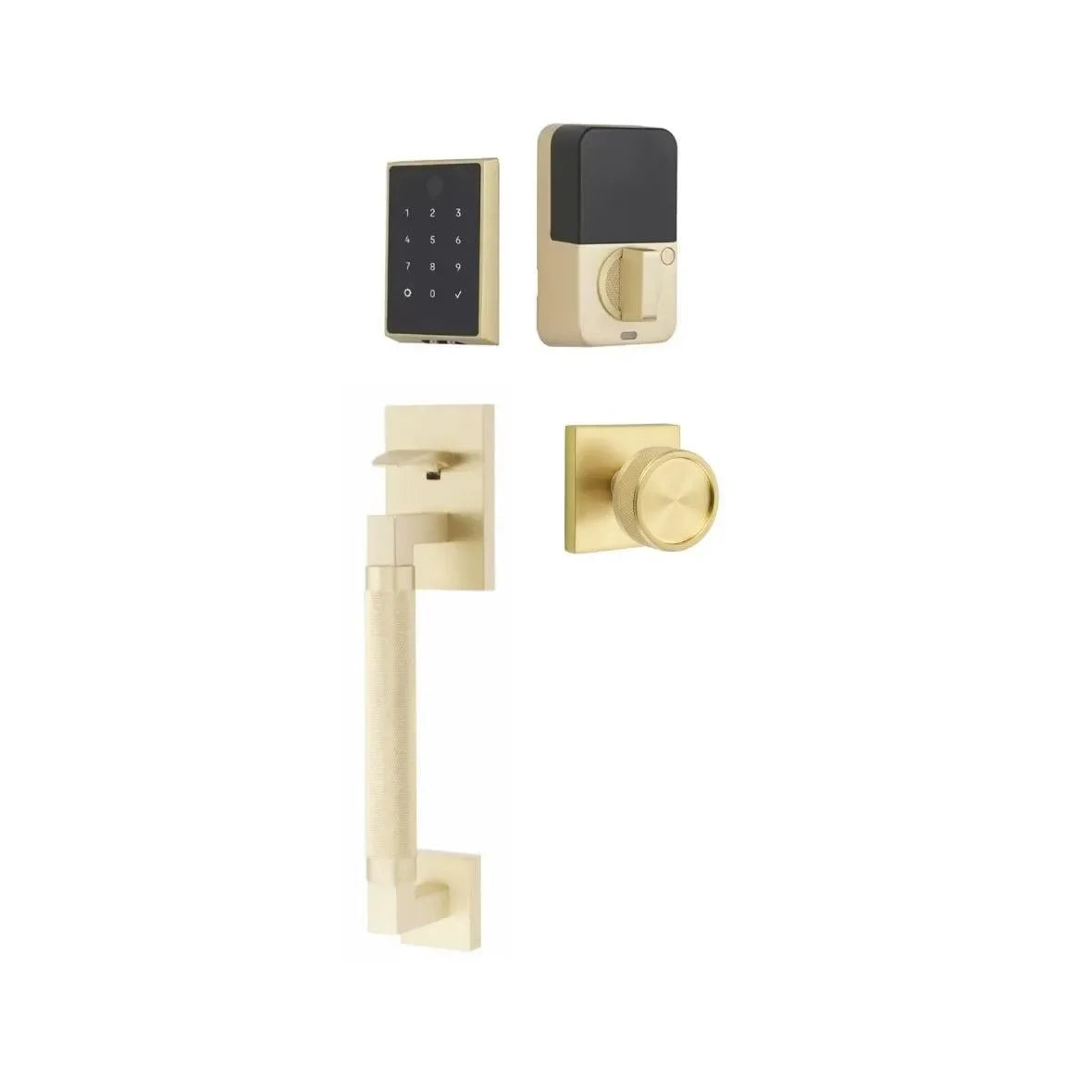 Emtek EMPowered 2 Touch Entry Set with Hercules Knurled Grip and Conical Knurled Knob Satin Brass