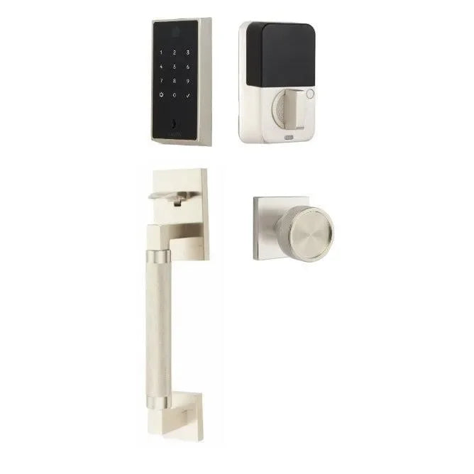 Emtek EMPowered 2 Touch Entry Set with Hercules Knurled Grip and Conical Knurled Knob Satin Nickel