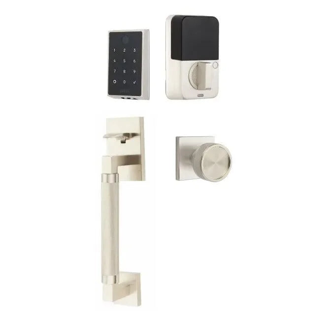 Emtek EMPowered 2 Touch Entry Set with Hercules Knurled Grip and Conical Knurled Knob Satin Nickel