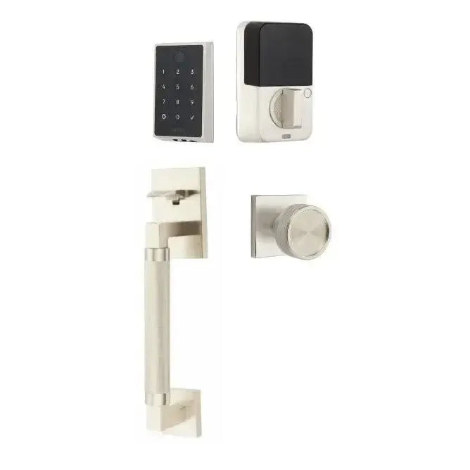 Emtek EMPowered 2 Touch Entry Set with Hercules Knurled Grip and Conical Knurled Knob in Satin Nickel finish