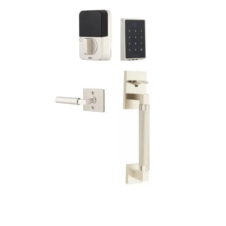 Emtek EMPowered 2 Touch Entry Set with Hercules Knurled Grip and Hercules Lever Satin Nickel
