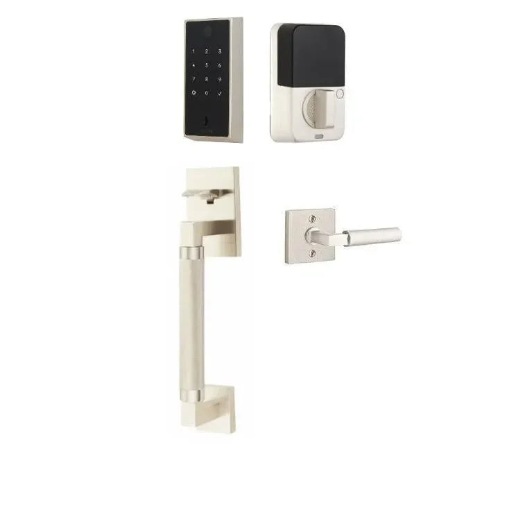 Emtek EMPowered 2 Touch Entry Set with Hercules Knurled Grip and Hercules Lever Satin Nickel