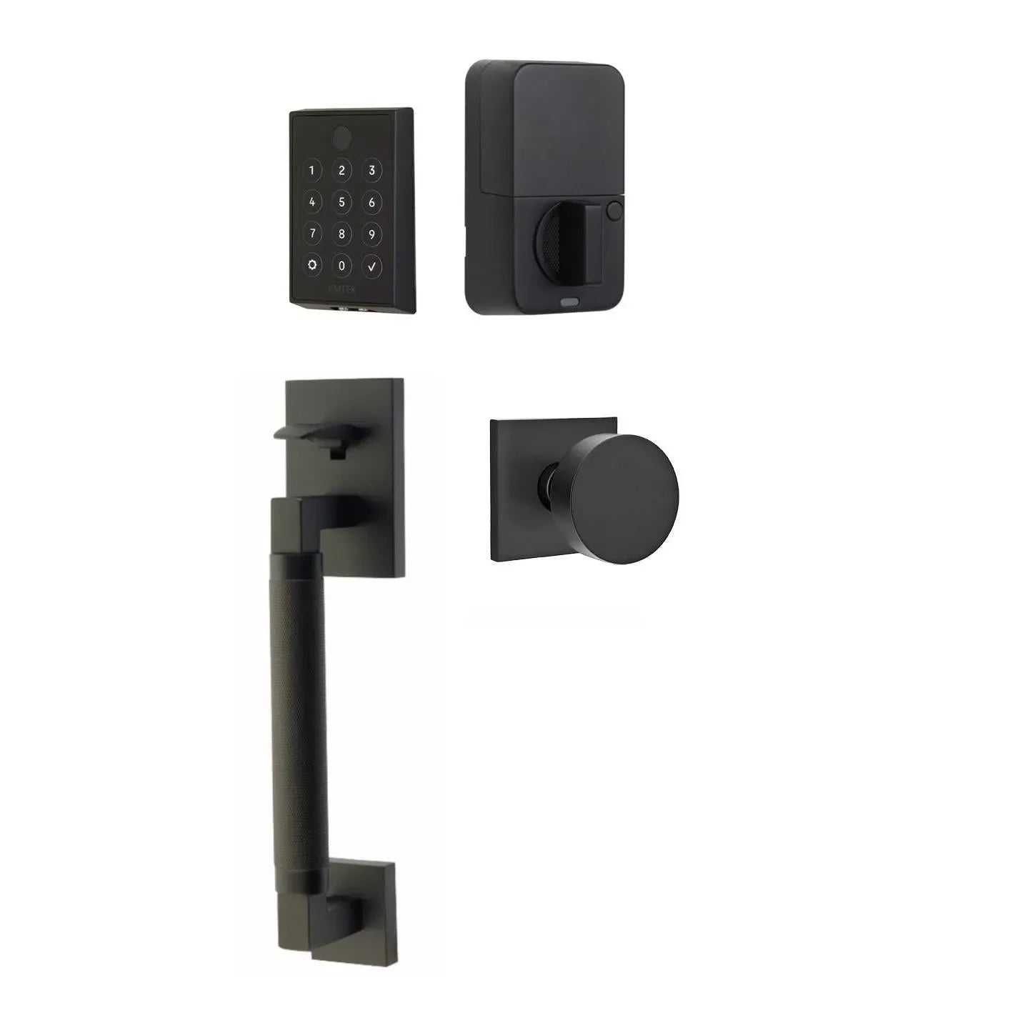 Emtek EMPowered 2 Touch Entry Set with Hercules Knurled Grip and Round Knob Flat Black