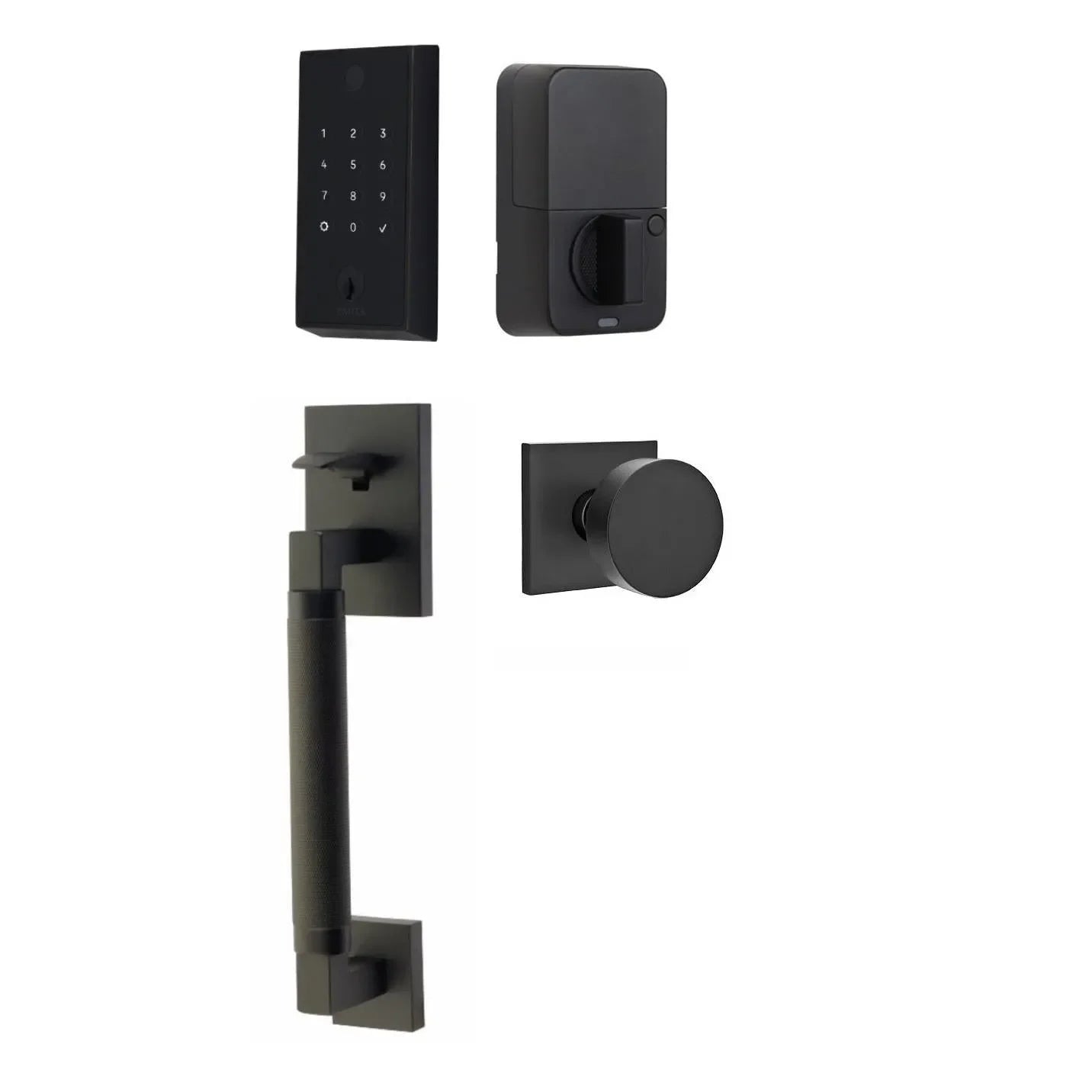 Emtek EMPowered 2 Touch Entry Set with Hercules Knurled Grip and Round Knob Flat Black