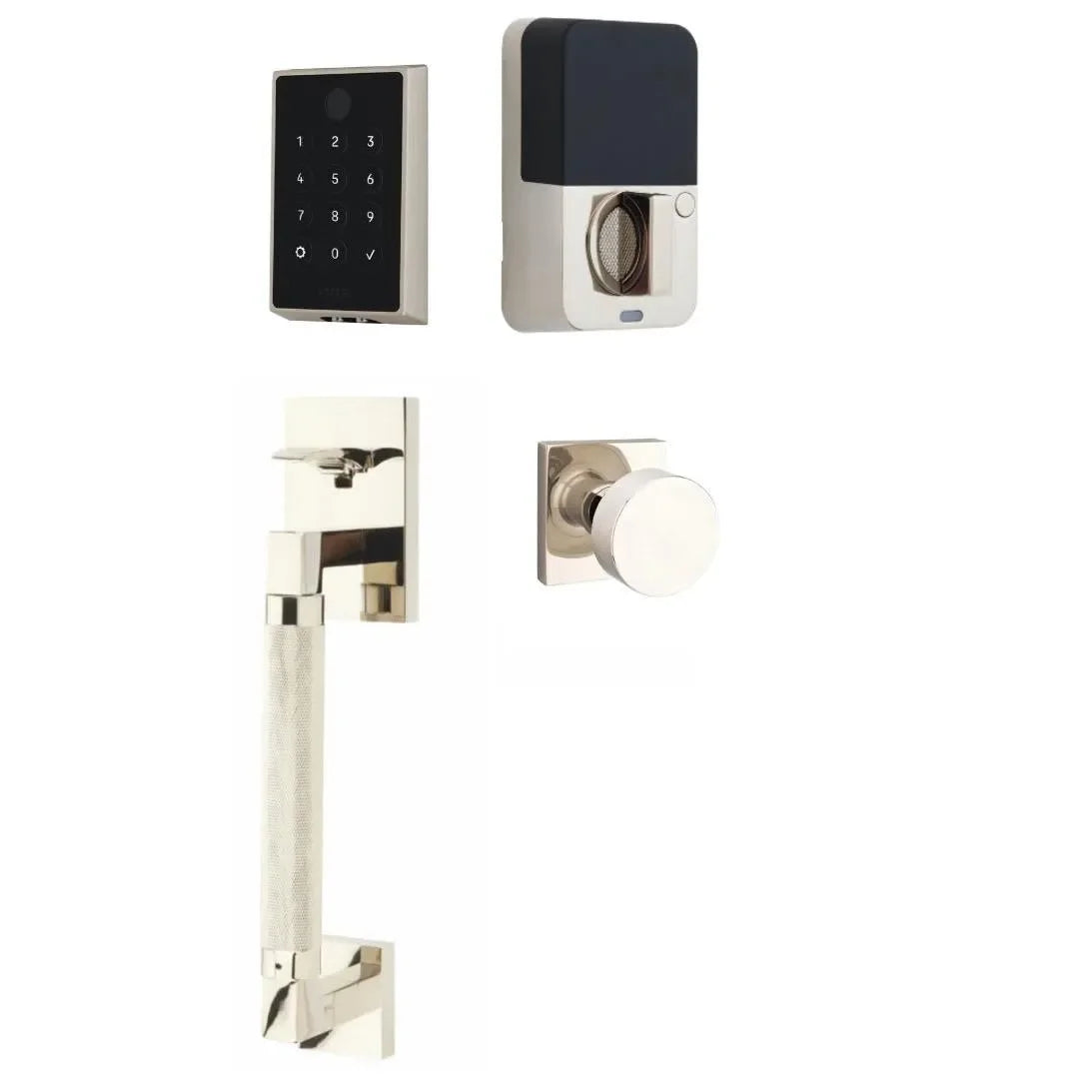 Emtek EMPowered 2 Touch Entry Set with Hercules Knurled Grip and Round Knob Lifetime Polished Nickel