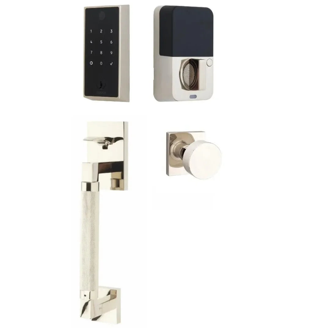 Emtek EMPowered 2 Touch Entry Set with Hercules Knurled Grip and Round Knob Lifetime Polished Nickel