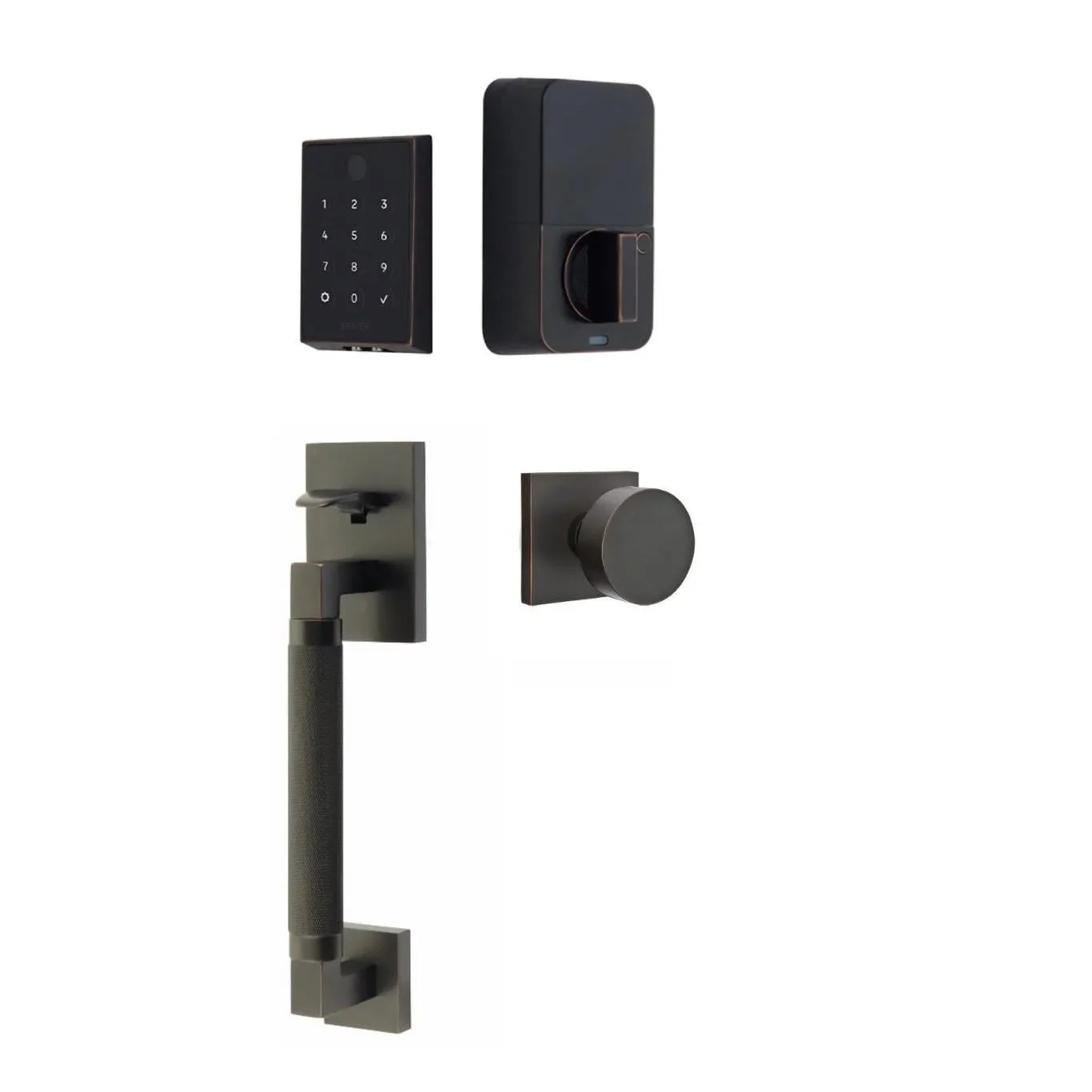 Emtek EMPowered 2 Touch Entry Set with Hercules Knurled Grip and Round Knob Oil Rubbed Bronze