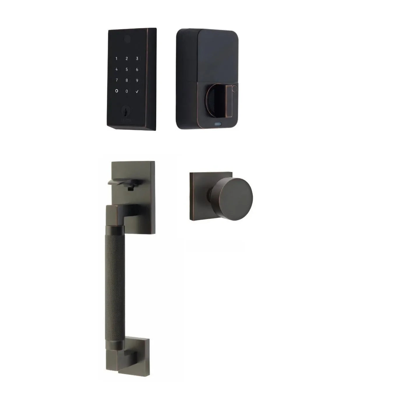 Emtek EMPowered 2 Touch Entry Set with Hercules Knurled Grip and Round Knob Oil Rubbed Bronze