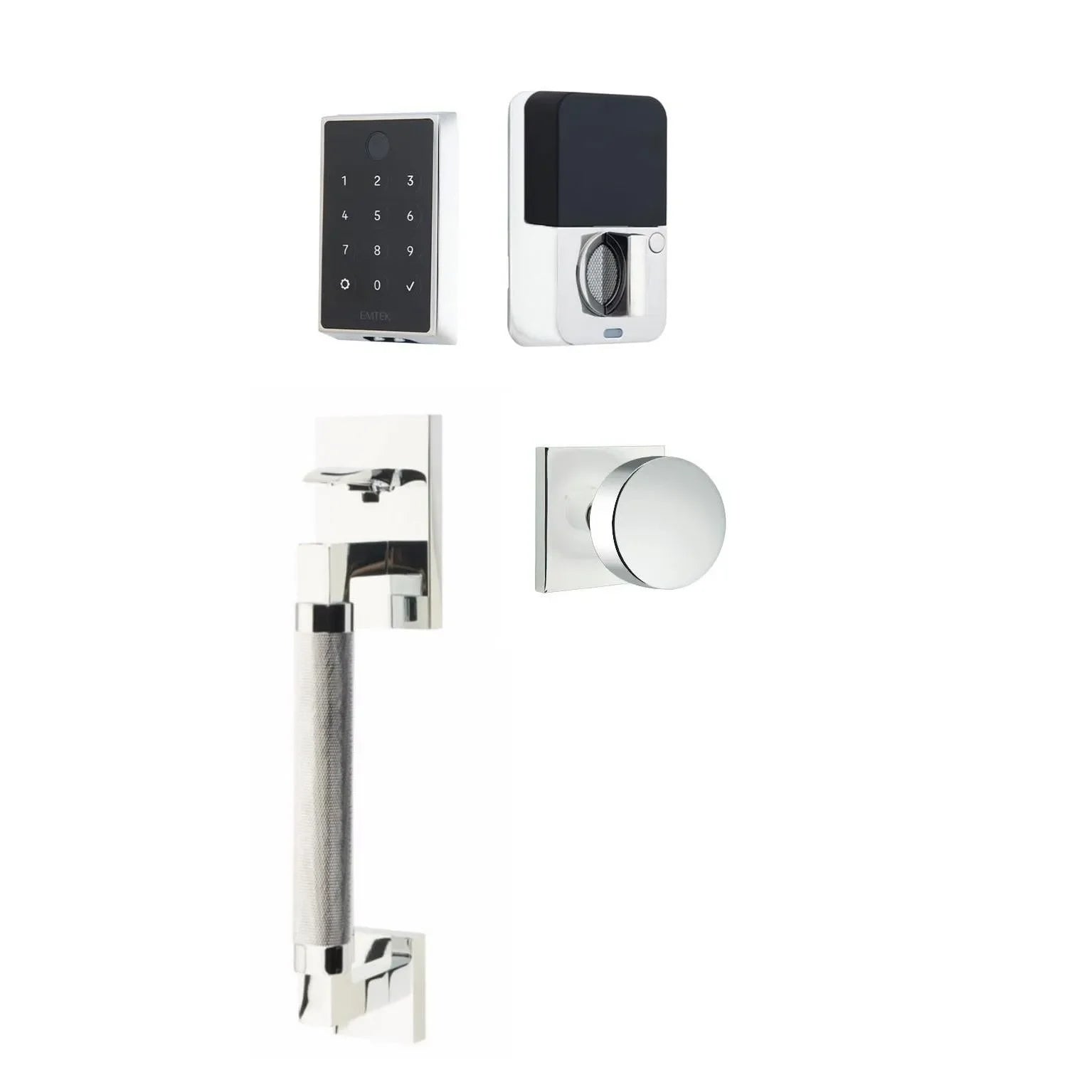 Emtek EMPowered 2 Touch Entry Set with Hercules Knurled Grip and Round Knob Polished Chrome