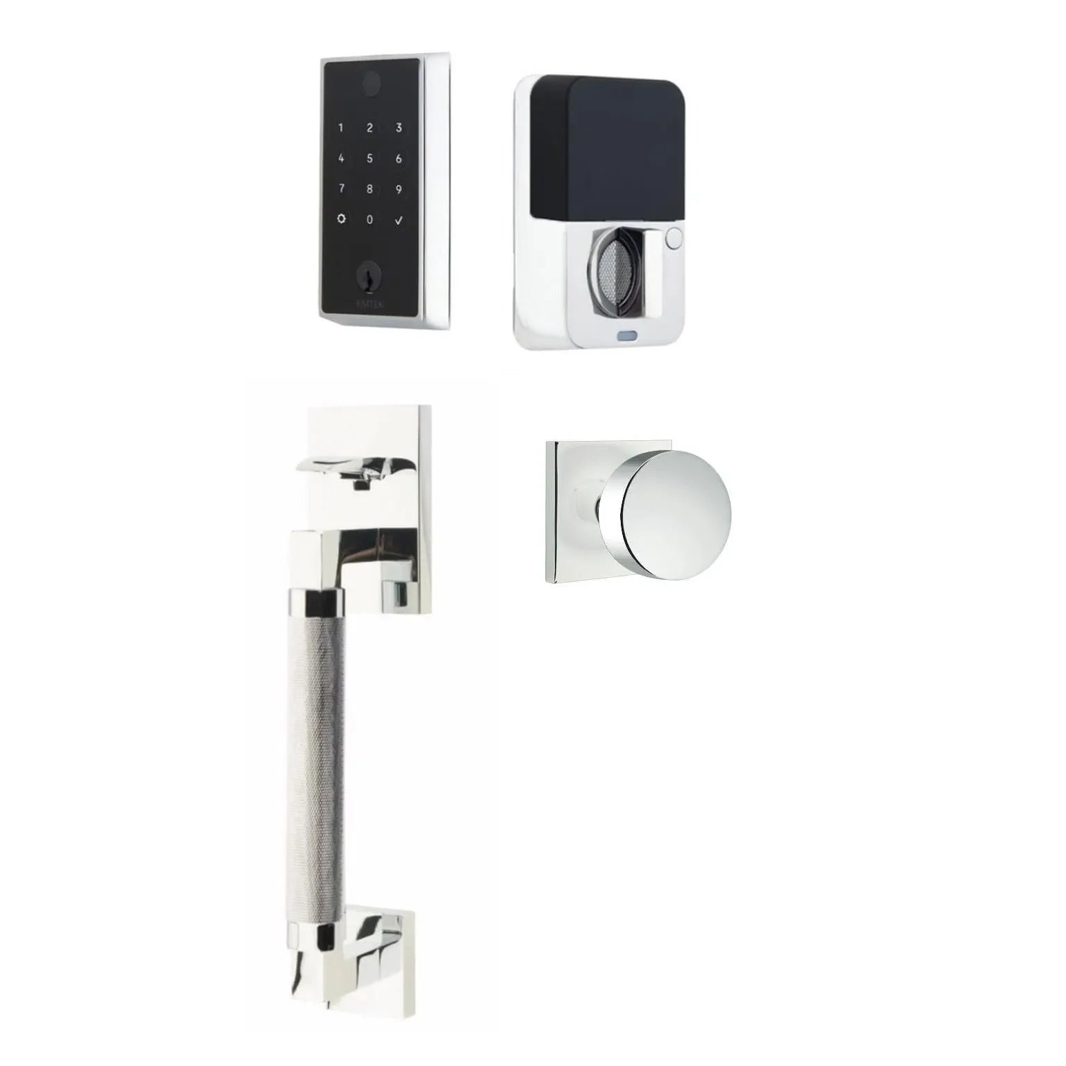 Emtek EMPowered 2 Touch Entry Set with Hercules Knurled Grip and Round Knob Polished Chrome