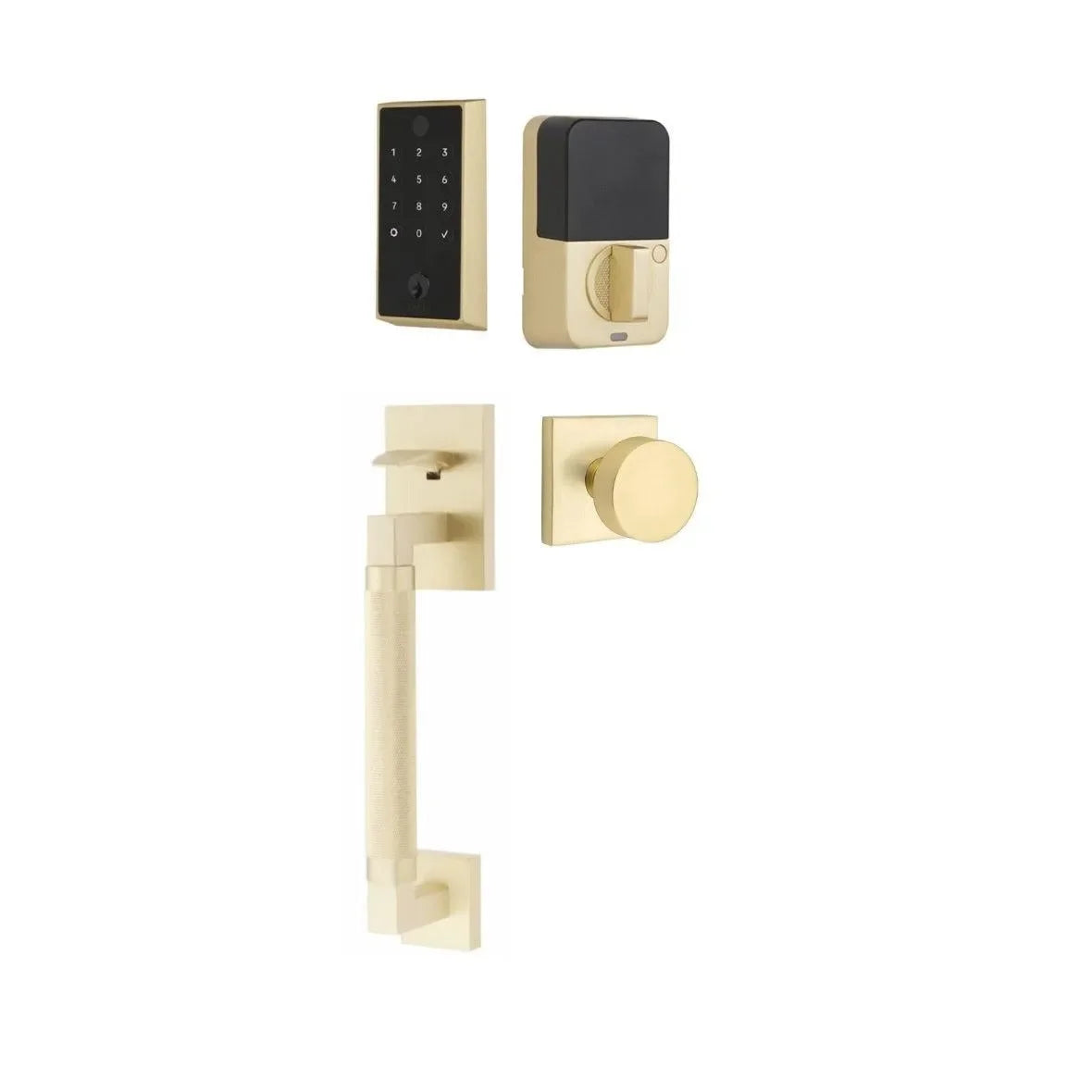 Emtek EMPowered 2 Touch Entry Set with Hercules Knurled Grip and Round Knob Satin Brass