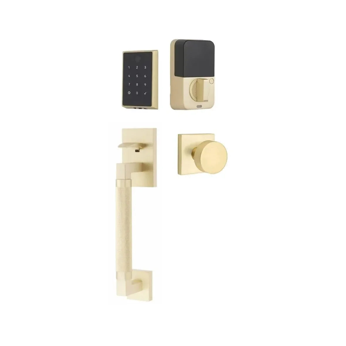 Emtek EMPowered 2 Touch Entry Set with Hercules Knurled Grip and Round Knob Satin Brass