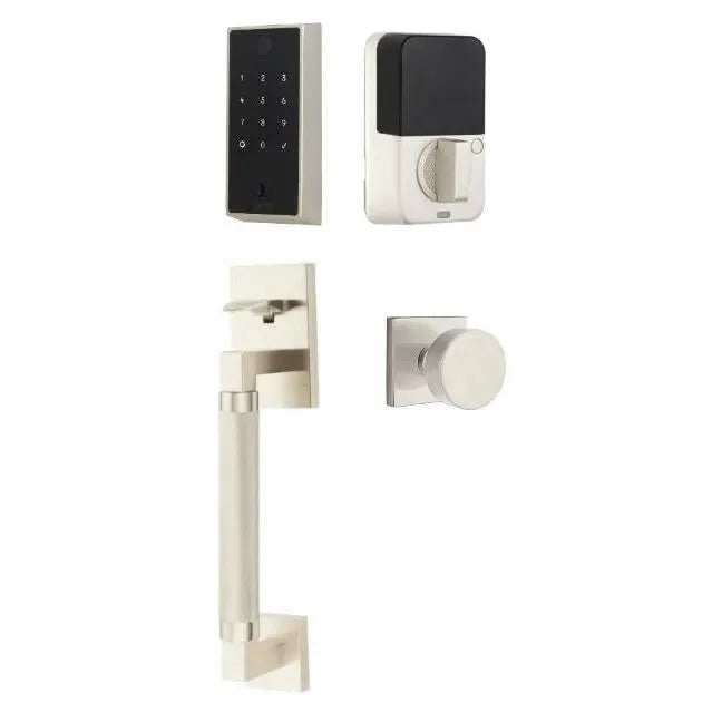 Emtek EMPowered 2 Touch Entry Set with Hercules Knurled Grip and Round Knob Satin Nickel