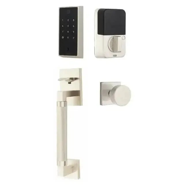 Emtek EMPowered 2 Touch Entry Set with Hercules Knurled Grip and Round Knob in Satin Nickel finish
