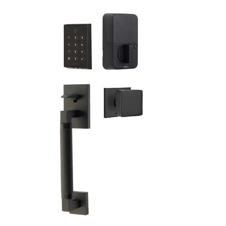 Emtek EMPowered 2 Touch Entry Set with Hercules Knurled Grip and Square Knob Flat Black