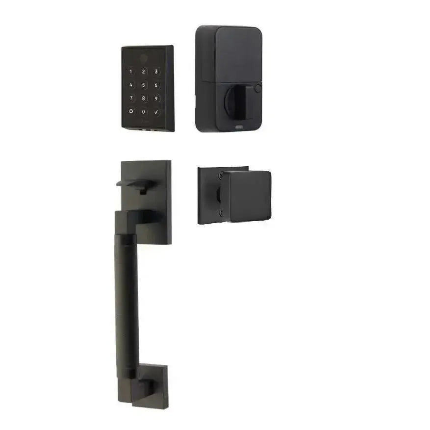 Emtek EMPowered 2 Touch Entry Set with Hercules Knurled Grip and Square Knob in Flat Black finish