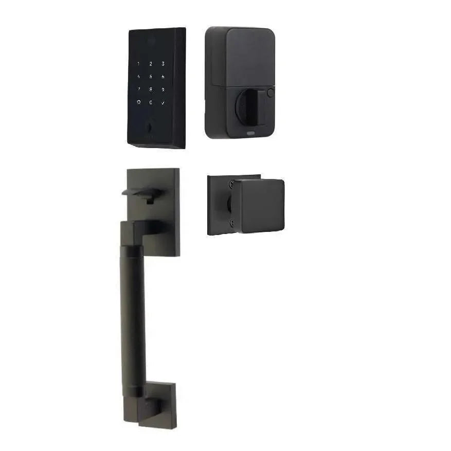 Emtek EMPowered 2 Touch Entry Set with Hercules Knurled Grip and Square Knob Flat Black