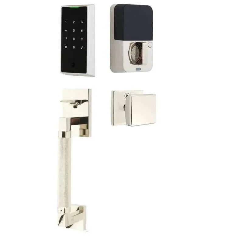 Emtek EMPowered 2 Touch Entry Set with Hercules Knurled Grip and Square Knob Lifetime Polished Nickel