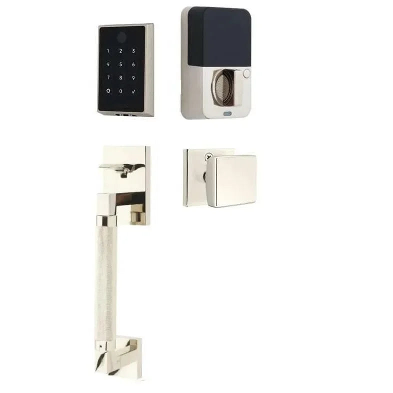 Emtek EMPowered 2 Touch Entry Set with Hercules Knurled Grip and Square Knob Lifetime Polished Nickel