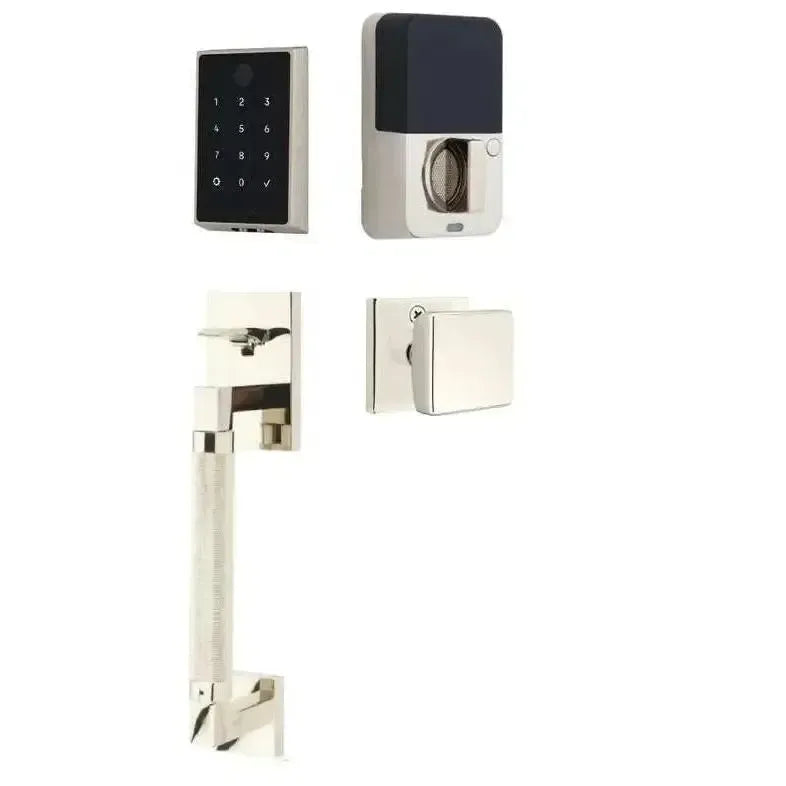 Emtek EMPowered 2 Touch Entry Set with Hercules Knurled Grip and Square Knob in Lifetime Polished Nickel finish