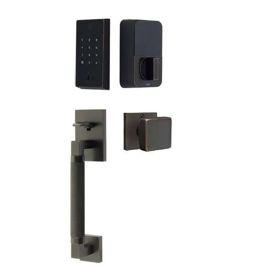 Emtek EMPowered 2 Touch Entry Set with Hercules Knurled Grip and Square Knob Oil Rubbed Bronze