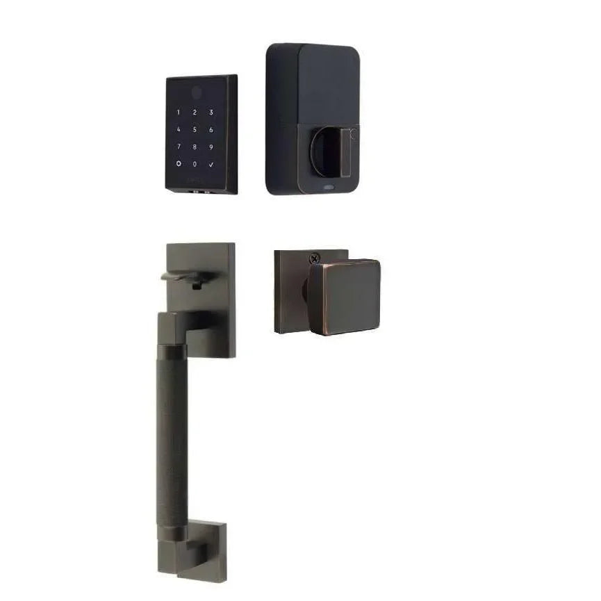 Emtek EMPowered 2 Touch Entry Set with Hercules Knurled Grip and Square Knob Oil Rubbed Bronze