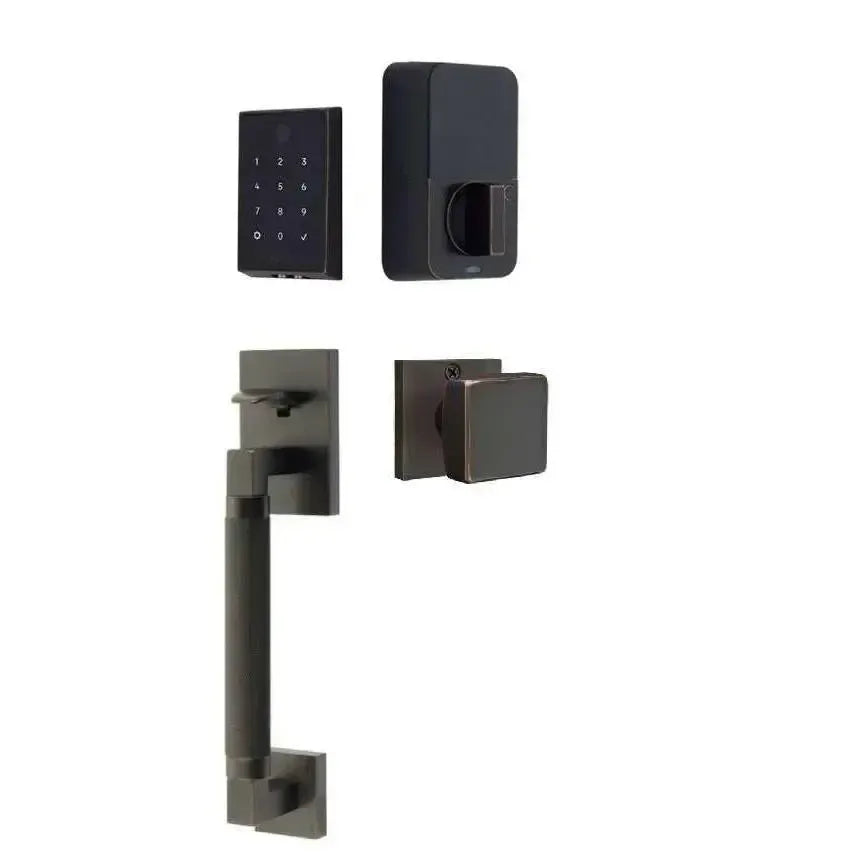 Emtek EMPowered 2 Touch Entry Set with Hercules Knurled Grip and Square Knob in Oil Rubbed Bronze finish