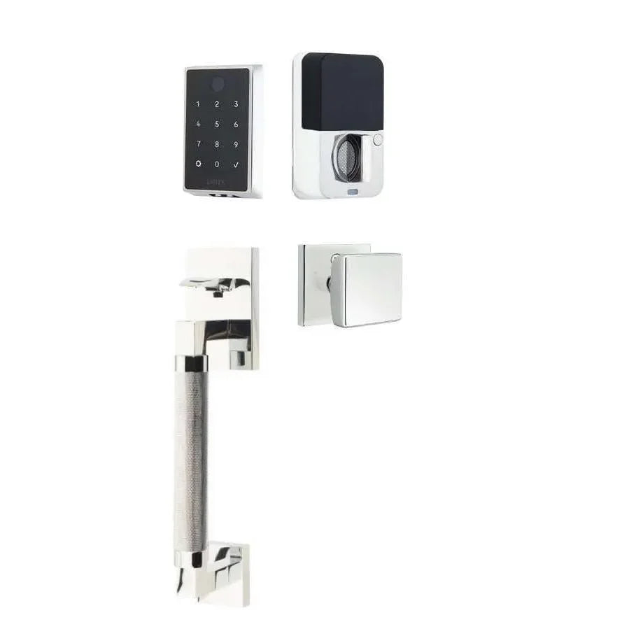 Emtek EMPowered 2 Touch Entry Set with Hercules Knurled Grip and Square Knob Polished Chrome