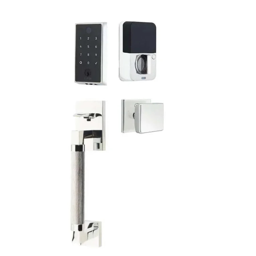 Emtek EMPowered 2 Touch Entry Set with Hercules Knurled Grip and Square Knob Polished Chrome