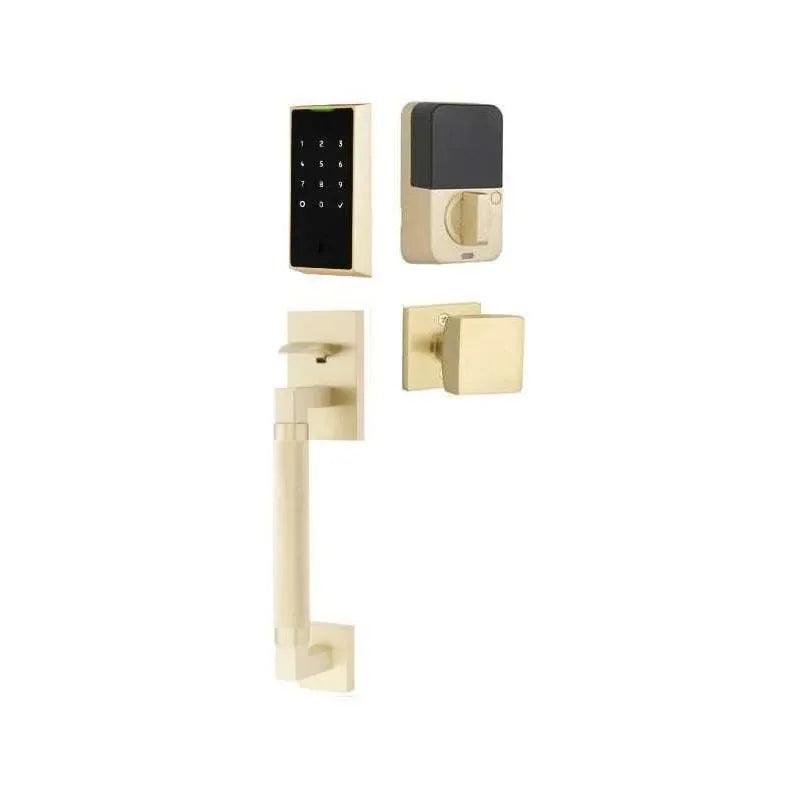 Emtek EMPowered 2 Touch Entry Set with Hercules Knurled Grip and Square Knob Satin Brass