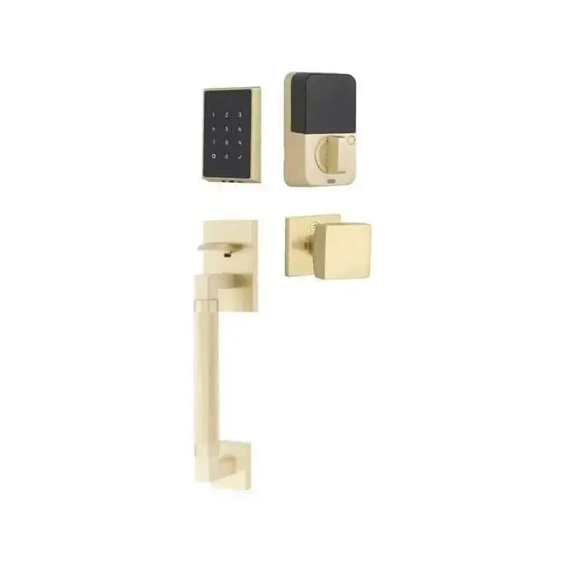 Emtek EMPowered 2 Touch Entry Set with Hercules Knurled Grip and Square Knob in Satin Brass finish