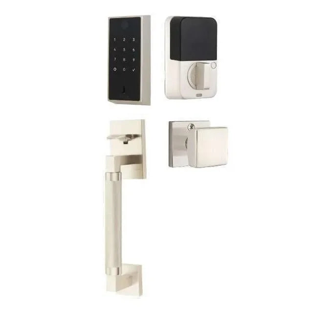 Emtek EMPowered 2 Touch Entry Set with Hercules Knurled Grip and Square Knob Satin Nickel