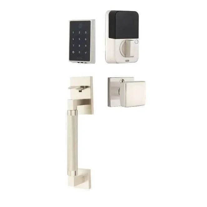 Emtek EMPowered 2 Touch Entry Set with Hercules Knurled Grip and Square Knob Satin Nickel