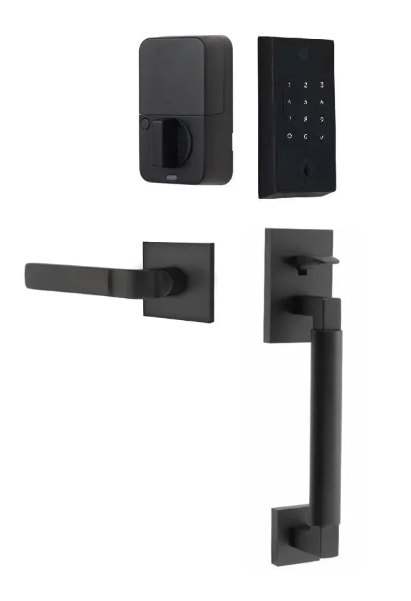 Emtek EMPowered 2 Touch Entry Set with Hercules Smooth Grip and Aston Lever Flat Black