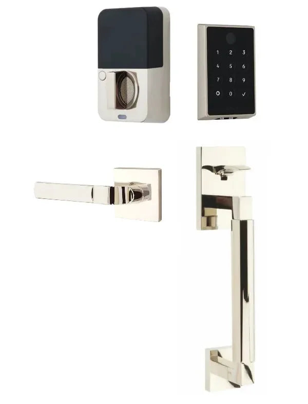 Emtek EMPowered 2 Touch Entry Set with Hercules Smooth Grip and Aston Lever Lifetime Polished Nickel