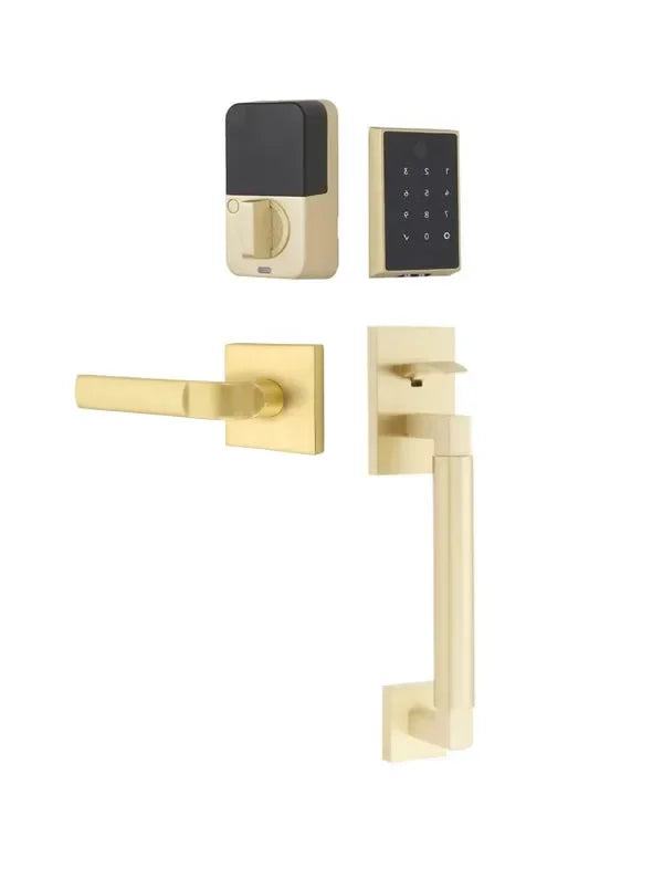 Emtek EMPowered 2 Touch Entry Set with Hercules Smooth Grip and Aston Lever Satin Brass